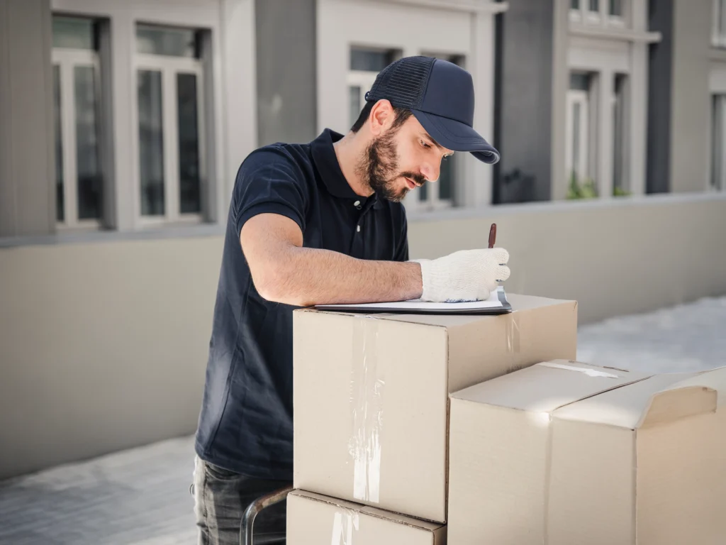 Trabajador empacando mercancía para carga consolidada desde Miami hacia Honduras.