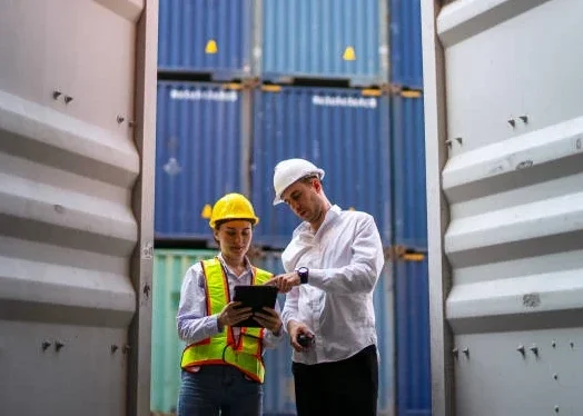 Personal logístico inspeccionando un contenedor de carga para importación con una prealerta